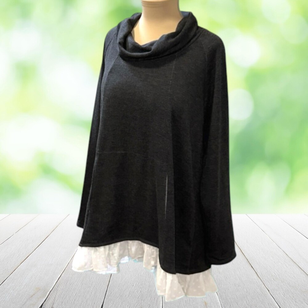 LOGO LOUNGE Tunic Top Cowl Neck Ruffle Hem Swiss Dot Layered Jersey Pockets Sz L